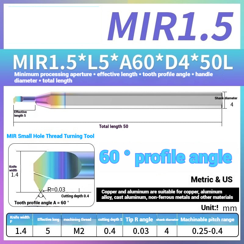 1125-MIR Bore Thread Turning Tools DLC Color Coated Aluminum and Copper CNC Shock Resistant Tungsten Carbide Small Hole Turning Tools Picking Tools Shandong Denso Pricision Tools Co.,Ltd.